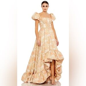 Mac Duggal Floral Print Puff Sleeve  Gown. Size 12. Brocade gold peach and cream